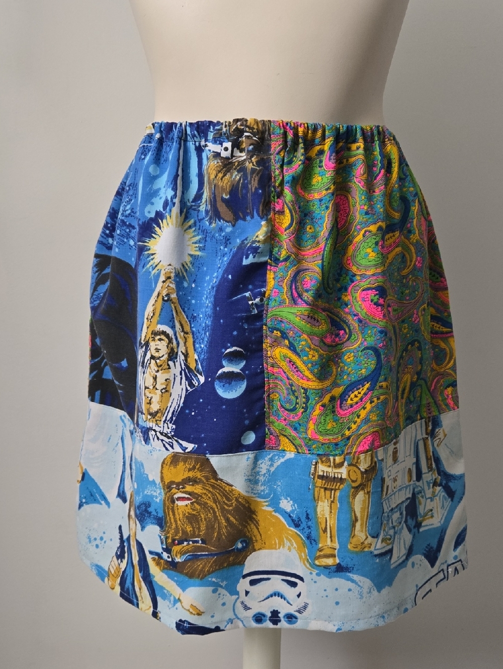 Refashioned Vintage Star Wars Patchwork Mini Skirt with Pockets (M)